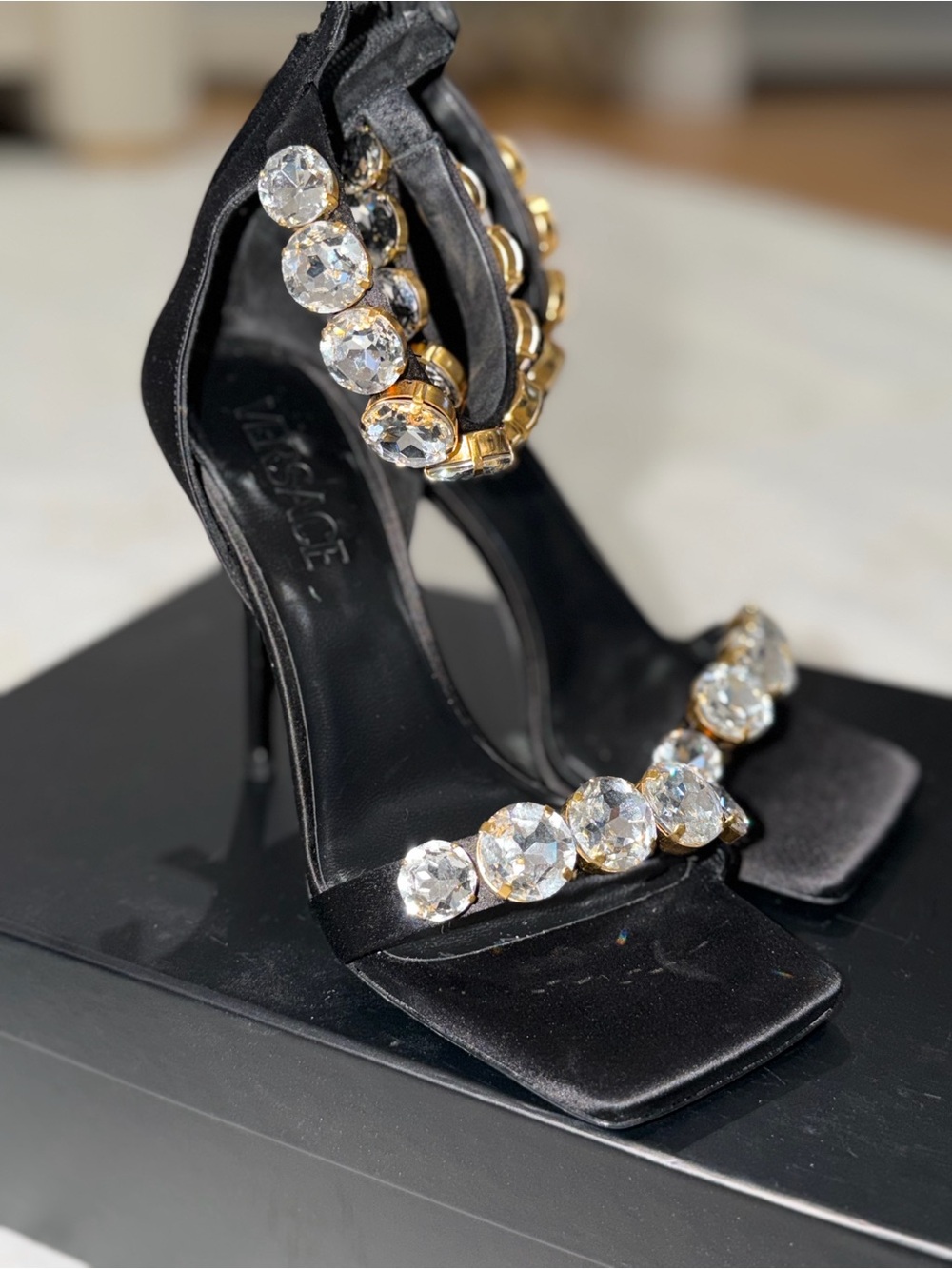 Versace Black Satin Heels with Crystal and Gold Accents